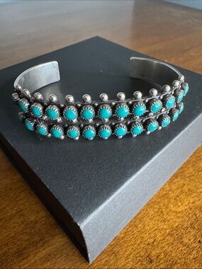 ✨ Fred Harvey Era Two Row Zuni Snake Eye Vintage Turquoise Cuff Bracelet